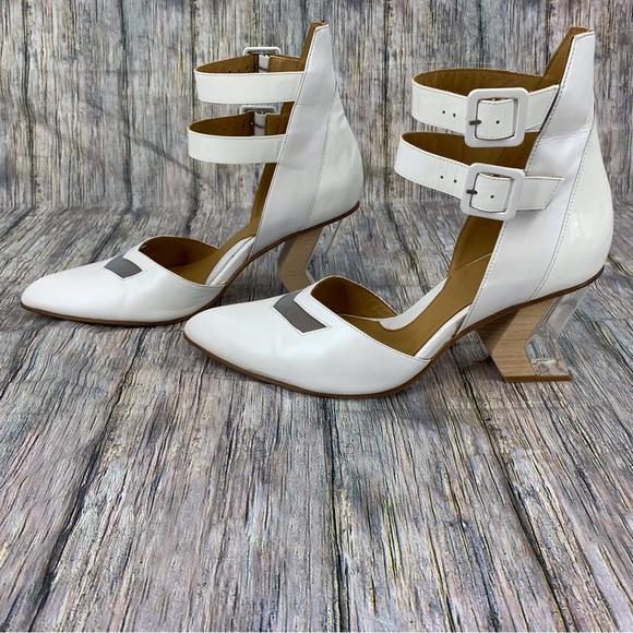 John Fluevog Modern Living Slant White Ankle Strap Heels, 9.5 - Picture 3 of 16
